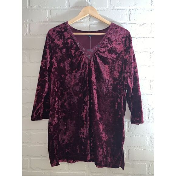 NWT Whimsigoth Velour Burgundy Lace Trim Tunic Top 2X - Picture 1 of 8